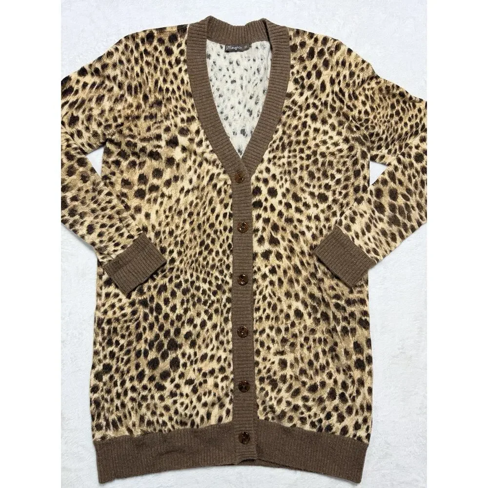 J.McLaughlin 100% Cashmere Cardigan Sweater XS Leopard Animal Print Long V-Neck